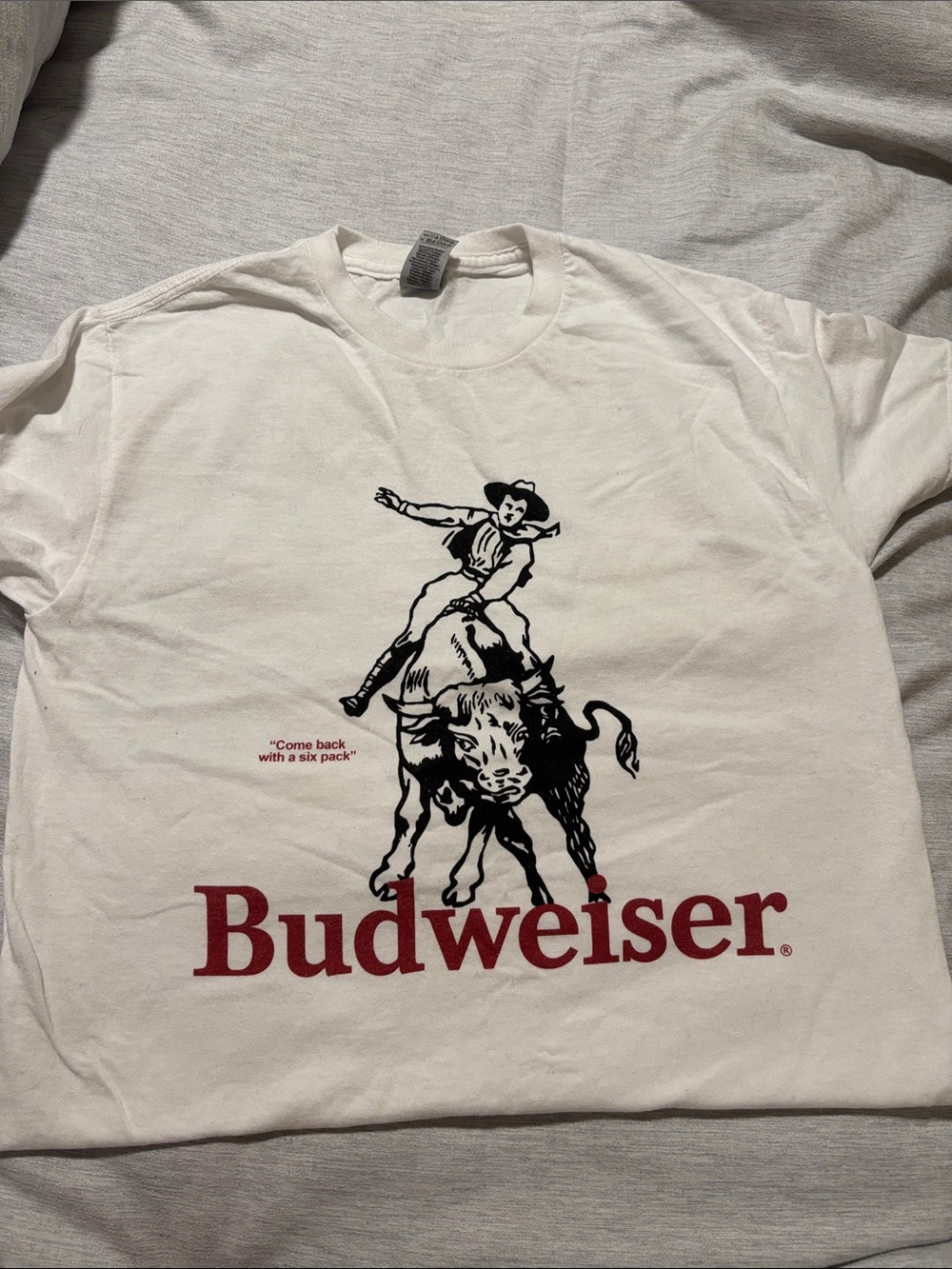 Budweiser White Tee with Red Logo and Black Bull Rider Graphic
